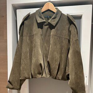 ZARA Olive Green Faux Suede Cropped Bomber Jacket Oversized Sz S